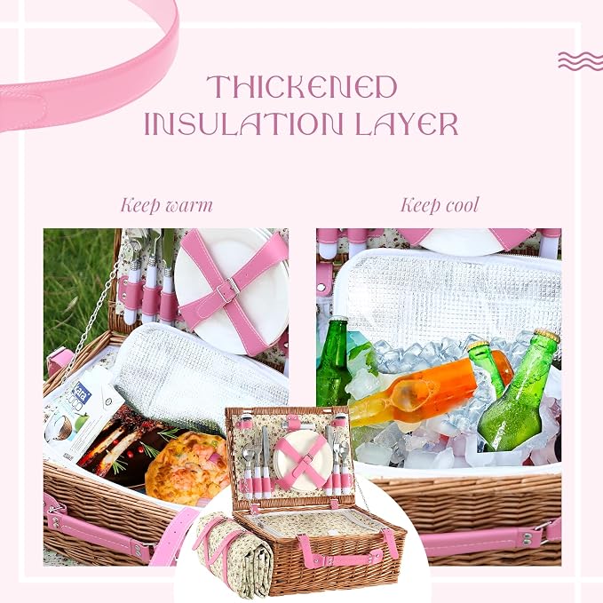 Picnic Basket Set for 4 with Waterproof Blanket Mat Insulation Bag Wicker Pink Floral Classic Fresh Gift for Christmas Thanksgiving Wedding Birthday Camp Outdoor Beach Travel - Image 6