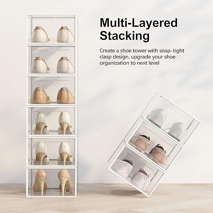 SEE SPRING 12 Pack Shoe Storage Box, Clear Plastic Stackable Shoe Organizer for Closet, Space Saving Foldable Shoe Rack Sneaker Container Bin Holder - Image 3