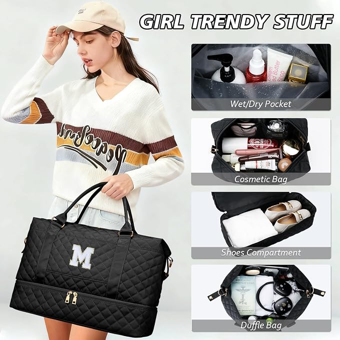 Gifts for Teens Girls Women Initial Travel Duffle Bag Quilted Weekender Carry-On Overnight with Cosmetic Bag, Gym Bag with Shoe Compartment, Black M - Image 5