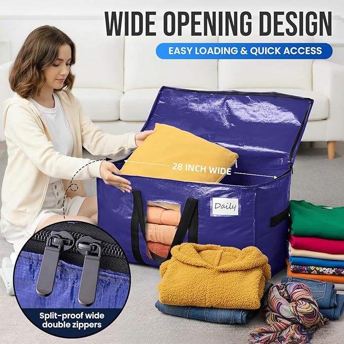 TAILI 12 Pack Dark Blue Extra Large Moving Bags, Heavy Duty Totes with Visible Window, Wrap Around Handles, Great for Space-Saving - Image 4