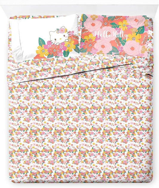 Jay Franco Sheet Set with Fitted, Flat Sheets & Pillow Cover - Ultra-Soft Bedding with Pillowcase for Room Decor, Multi - Hello Kitty, 4 Piece Queen by JayFranco