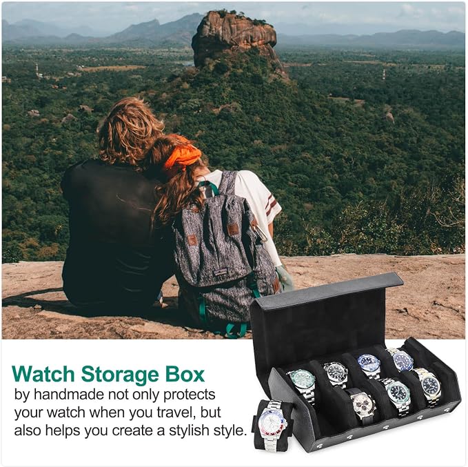 Hiram Genuine Leather Hexagon Watch Roll Travel Case, Leather 8-Watches Roll Case with Removable Pillow Cushion for Treasured Watches and Bracelets-Black - Image 6