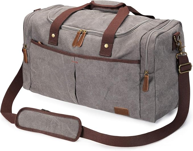 S-ZONE 65L Expandable Canvas Duffle Bag Travel Overnight Holdall Weekend Bag with Shoes Compartment Large Carry On Bag Tote Gym Bag for Men Women, Light Gray, X-Large, Travel Duffle | Water-resistant, X-Large Size, Multi-Pockets, Removable Shoulder Str... by S-ZONE