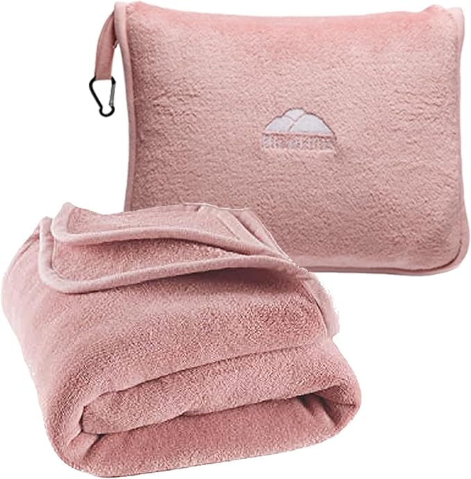 BlueHills Premium Soft Long Travel Blanket Pillow Combo – Dusty Rose Pink | Long 70x48 Travel Blanket Pillow 2 in 1, Soft Pillowcase, Backpack Clip, Compact & Portable, Large Throw Traveling Essentials by BlueHills