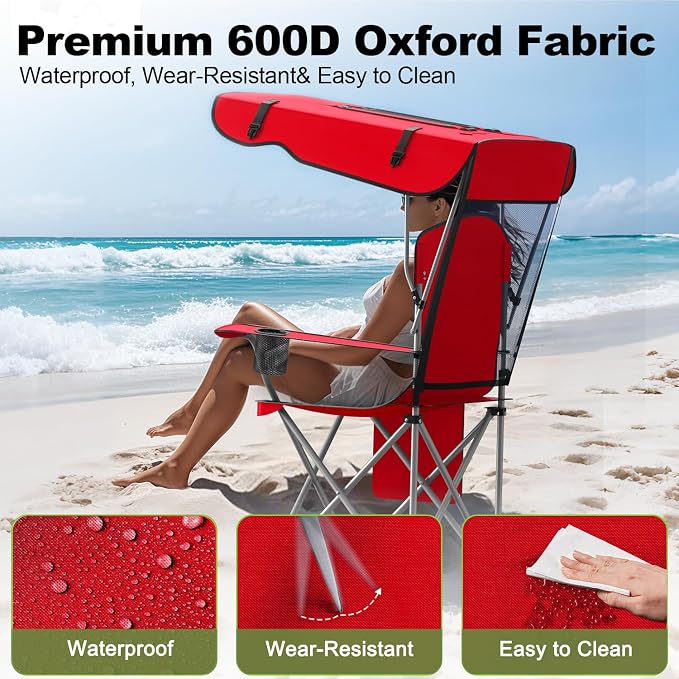 VTOY Portable Camping Chair with Canopy - Folding Chair with Canopy, Durable 600D Oxford Canopy Chair for Camping, Beach, Picnics, Fishing & Sports - Image 4