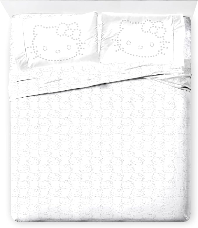Jay Franco Sheet Set with Fitted, Flat Sheets & Pillow Cover - Ultra-Soft Bedding with Pillowcase for Room Decor, White - Hello Kitty, 4 Piece Queen by JayFranco