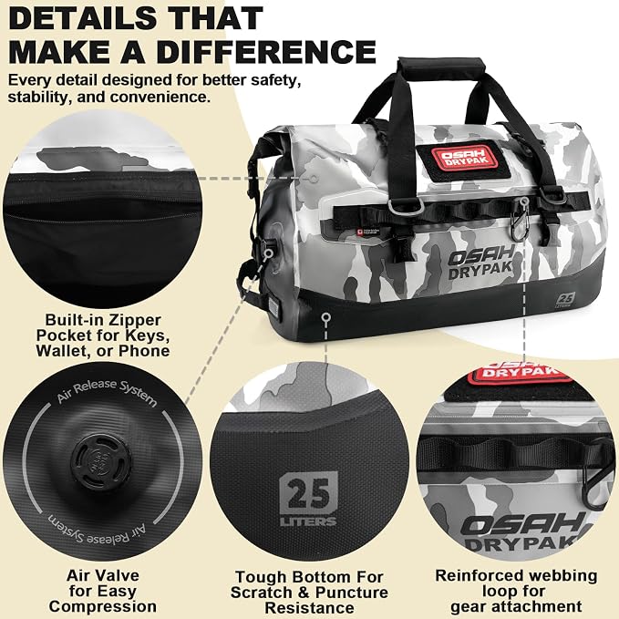 OSAH DRYPAK Waterproof Duffel Bag 25L/40L/60L – Heavy-Duty Motorcycle Tail Bag, Roll-Top Dry Bag for Travel, Camping, Boating, Kayaking, Outdoor Adventure - Image 4