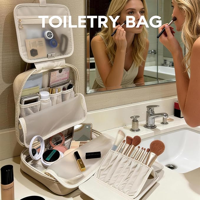 GIVLEFLY Luxury Hanging Makeup Bag for Women, Large 4-Layer Foldable Waterproof Cosmetic & Skincare Organizer with Handle, Fits Suitcase & Train Seat for Travel（beige） - Image 2