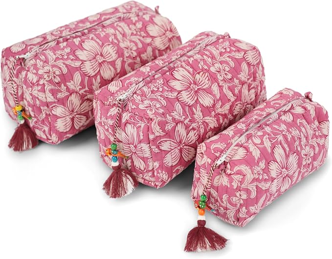 Saffron Marigold Quilted Makeup Bag Set of 3, Hand Block Printed Cotton Cosmetic Bags for Women, Waterproof Lined Travel Toiletry Bag, Coquette Floral Aesthetic, Handmade Gift, Mauve Mist Oleander by SaffronMarigold