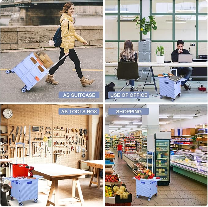 FELICON SELORSS Folding Utility Cart Portable Rolling Crate Handcart-Blue | Magnetic Sliding Lid,Telescoping Handle,Plastic Box Dolly,360°Swivel Wheels for Travel Shop Move Laundry Office Teacher Use - Image 6