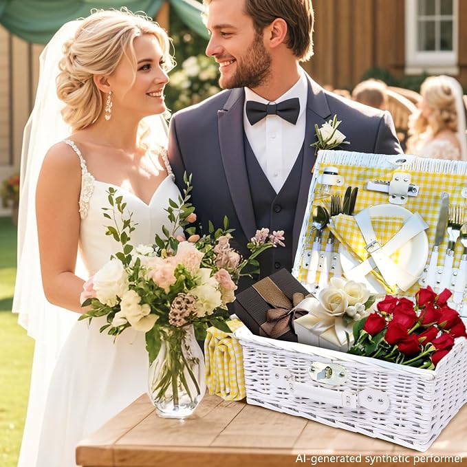 Picnic Basket Set for 4 with Waterproof Blanket Mat Insulation Bag Wicker White Yellow Light Fresh Gifts for Wedding Birthday Summer Camp Outdoor Camping Beach Travel Christmas Thanksgiving - Image 9
