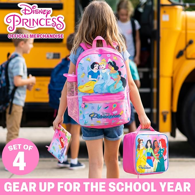 Get Trend Disney Princess Kids Backpack 4 Piece Set | 18 inch Bookbag, Insulated Lunch Bag, Zipped Pencil Case & BPA-Free Water Bottle for School & Travel, Gifts for Girls - Image 2
