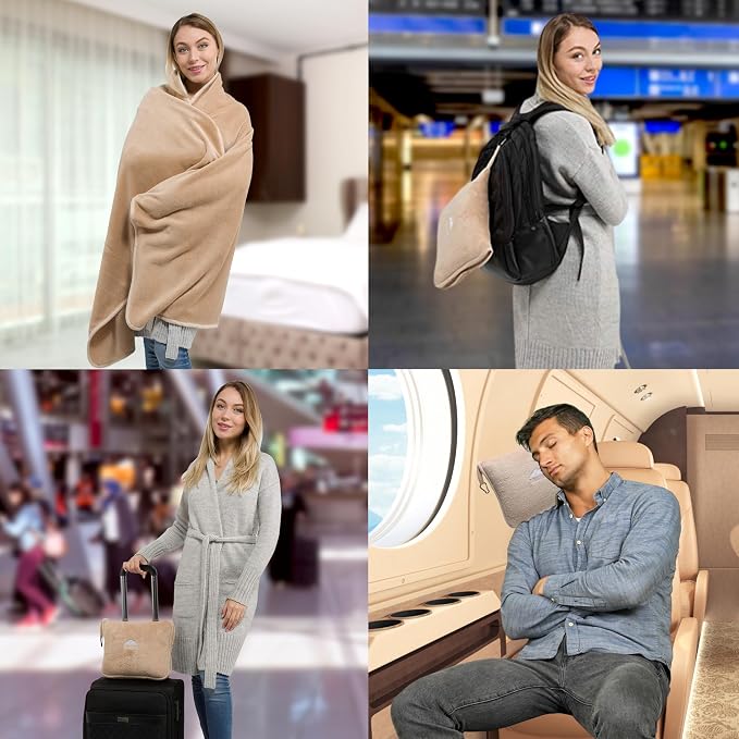 BlueHills Premium Soft Long Travel Blanket Pillow Tall, Airplane - Beige | Tall Travel Blanket Pillow in Bag, Backpack Clip, Ultrasoft Compact & Large, Long Flight Throw, Plane Essential Accessories - Image 3