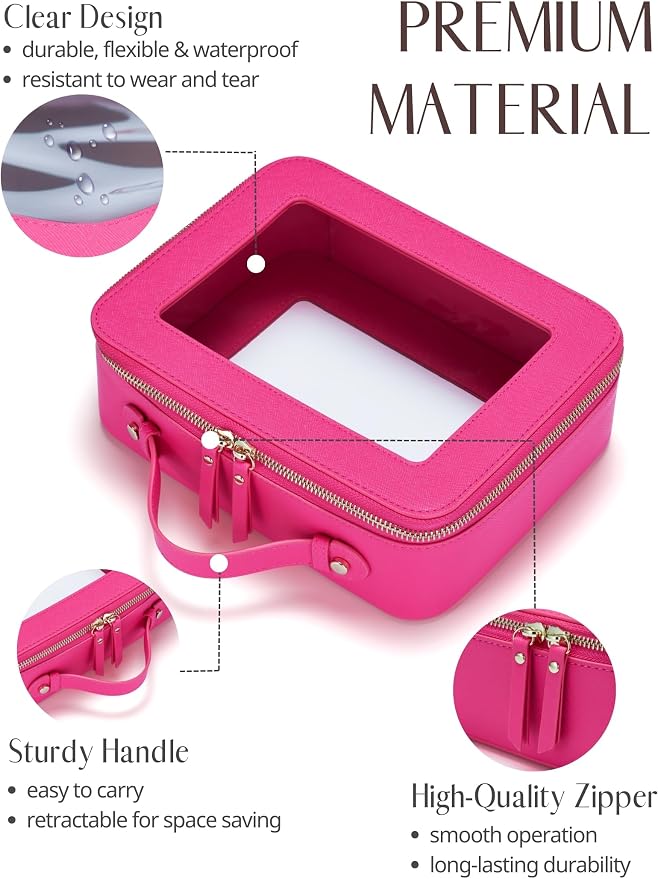 Popvibe Clear Makeup Bag Travel Cosmetic Case Transparent Toiletry Bag with Zipper, Portable Make Up Organizer Traveling Compact Car Bag for Essentials, Hotpink, Large - Image 2