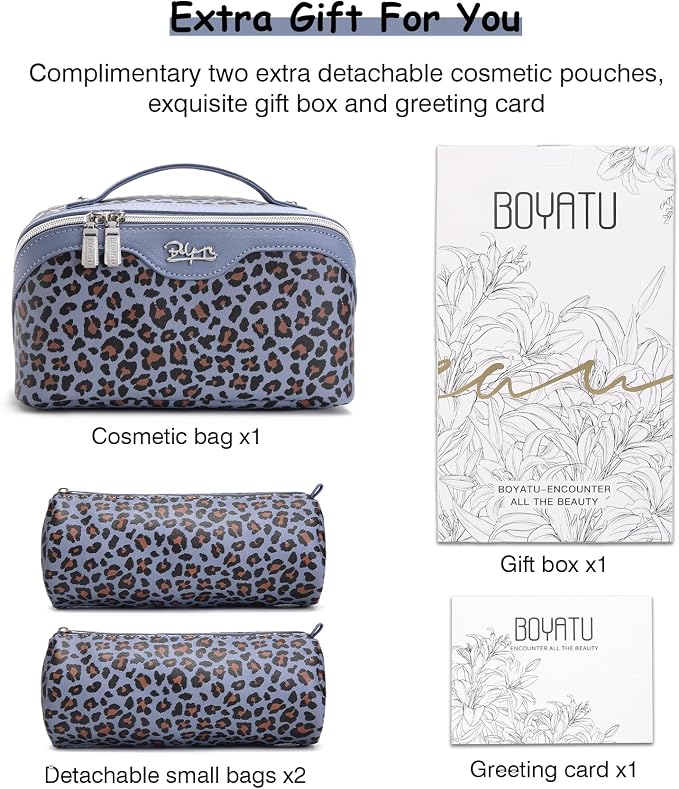 BOYATU Travel Makeup Bags Cosmetic Organizer Bag: 3 Pcs Set Large Capacity Make up Bag with Compartments - Waterproof Leather Toiletry Bags with Handle for Women (B-Light Blue) - Image 7