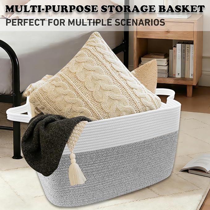 96L XXXLarge Woven Laundry Basket with Sturdy Handles - White/Grey | Machine washable,Space-Saving Collapsible Design,Cotton rope, blanket basket living room,for toys clothes nursery bathroom - Image 6