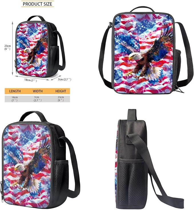 Lightning Eagle American Flag Print Backpack Set for Boys and Girls, Large Lightweight July 4th Students Schoolbag Set, Knapsack Set with Portable Lunch Box Pencil Case - Image 6