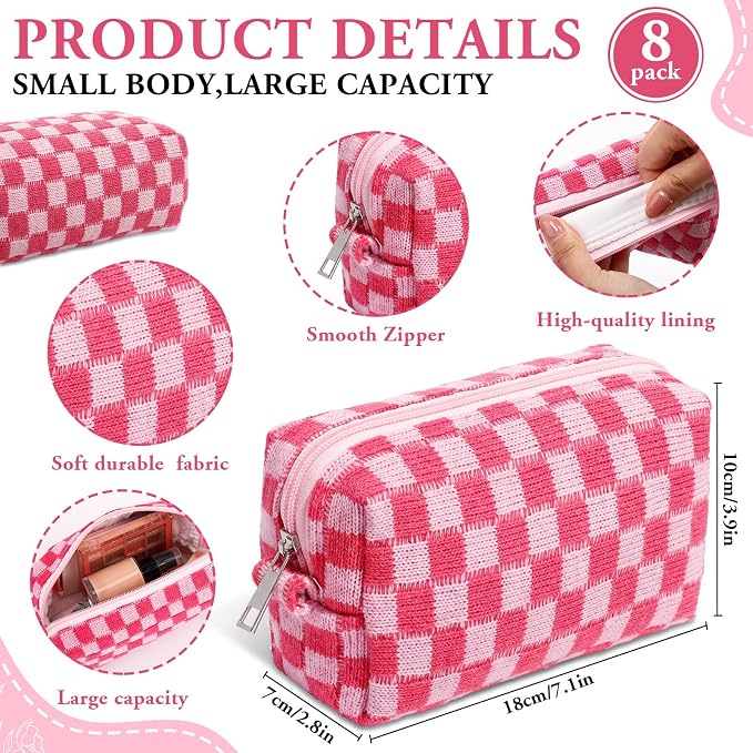 Gilprop 8 Pcs Checkered Makeup Bag for Purse Small Cosmetic Pouch Bulk Portable Zipper Makeup Pouch Travel Toiletry Organizer Gifts for Women Bridesmaid Wedding Party Favors (Hot Pink) - Image 2