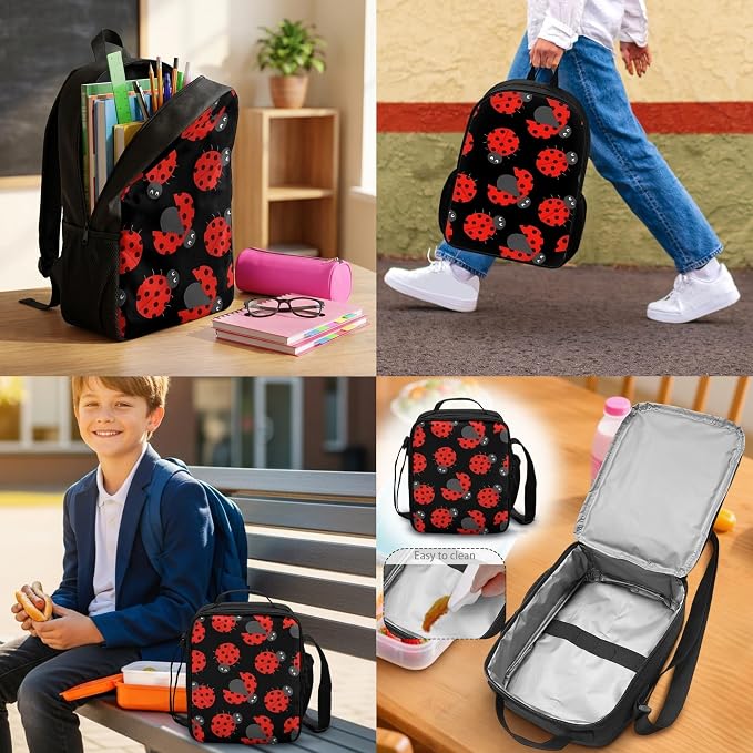Forchrinse Red Ladybug Backpack for Kids Children Student Bookbag Set with Lunch Box Bag and Pencil Bag for Kids Toddler Girls,3 Pieces - Image 5