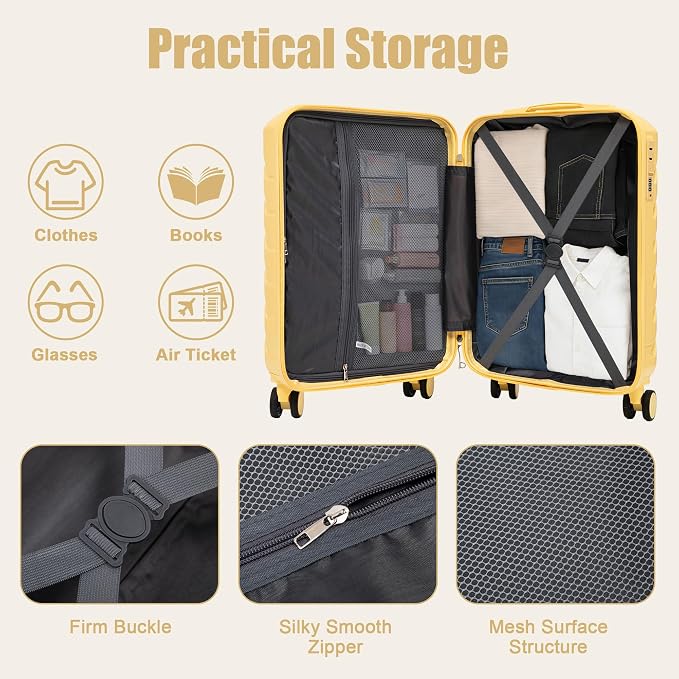 GDFStudio 20" ABS Hardshell Checked Luggage, Medium Capacity Travel Suitcase with Scratch Resistant Surface, 360° Silent Spinner Wheels, Combination Lock, Telescopic Handle and Side Hooks, Yellow - Image 5