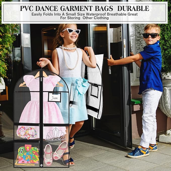 FoldTier 3 Pcs Dance Costume Garment Bag for Dancers 40 Inch Black Edge Clear PVC Waterproof Garment Bag with 3 Zipper Pockets for Dancers Competitions Hanging Clothes - Image 5