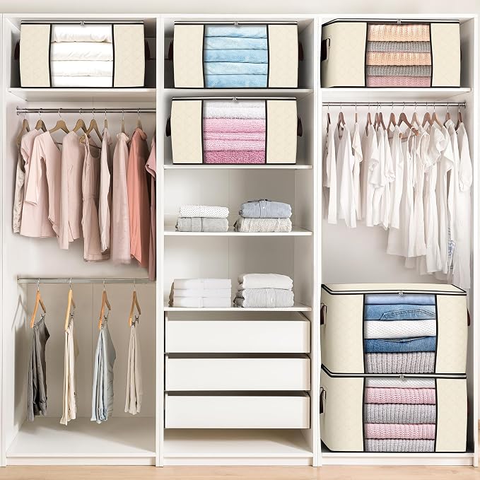 90L Large Storage Bags, 10 Pack Clothes Storage Bins Closet Organizers | Foldable Storage Containers, with Reinforced Handle, for Clothing, Blanket, Comforters, Bed Sheets, Pillows and Toys,Beige - Image 2