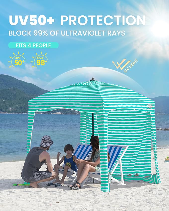 Qipi Beach Cabanas for Sand, Beach Canopy with Sandbags & Side Wall for Family, Easy Set Up Sun Shelter, UPF 50+ UV Protection with Roof Vent - Image 3