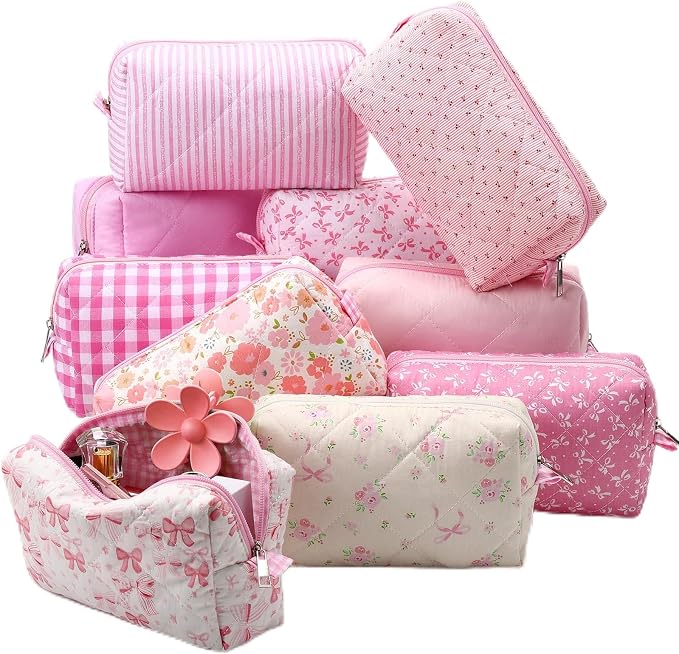 Paterr 10 Pcs Quilted Makeup Bag Bulk Cotton Floral Cosmetic Bag Women Girls Bridesmaid Gifts Cute Makeup Pouch Coquette Aesthetic Travel Toiletry Organizer(Bow Floral,7.87 x 4.72 x 3.15 Inches) by Paterr