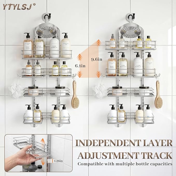 4-Tier Hanging Shower Caddy for Handheld Showerhead, Heavy-Duty Stainless Steel with Dual-Rotating Clamp, Silver - Image 4