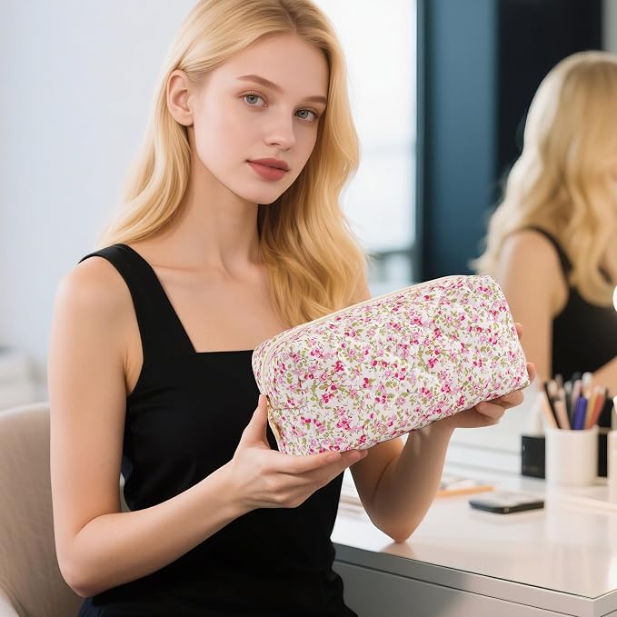 Makeup Bag Travel Toiletry Bag for Women, Small Floral Cosmetic Bags Cute Quilted Cotton Makeup Pouch for Purse Emergency Bag Pencil Case Accessory Bag, Spring - Image 2