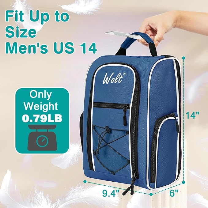 Wolt |Golf Shoe Bag for Travel- Zippered Shoes Carrier Bags with Ventilation & Double Outside Accessory Pocket for Socks, Tees, Golf Balls, Etc. for Women and Men (DarkBlue) - Image 2