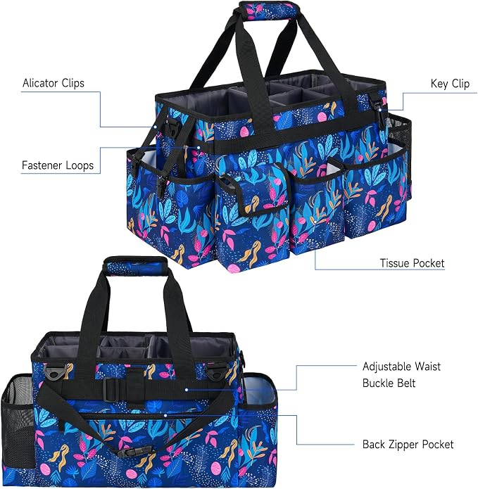 Cleaning Organizer, Large Caddy Bag for Supplies, Housekeeper's Bag with Handle (Blue Leaf) - Image 3