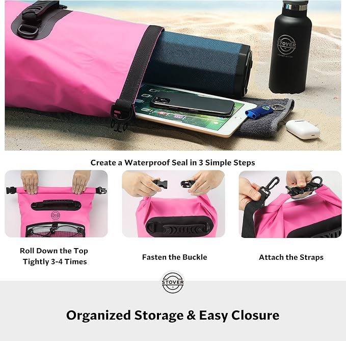STOVER 5/10/25/30/40L Waterproof Dry Backpack & Phone Case- Large Floating Dry Bag for Kayaking, Travel, Hiking, Fishing, Camping, Motorcycles & Beach, Heavy-Duty Roll Top Men/Women (Pink) - Image 5