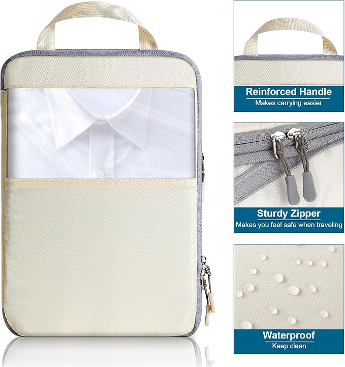 Cozary Suitcase Organiser Packing Cubes Compression Pack of 4 - High Capacity Travel Essentials For Hand Luggage, Suitcase And Backpack - Beige - Image 3