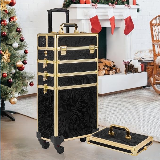 Somduy Rolling Makeup Case, Makeup Train Case with Lid, 5 in 1 Cosmetology Case on Wheels, Christmas Gift, Large Makeup Organizers, Profesional Cosmetic Case for Salon Barber, Pattern Black Gold - Image 8
