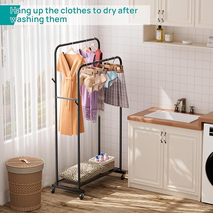 SINGAYE Wardrobe Standing Closet Clothing Rack With Shelf Hanging Clothes | Wardrobe Open Compact Small Metal Garment Hanger Stand Alone Free Standing Black Closet Rack Storage Organizer Heavy Duty - Image 2