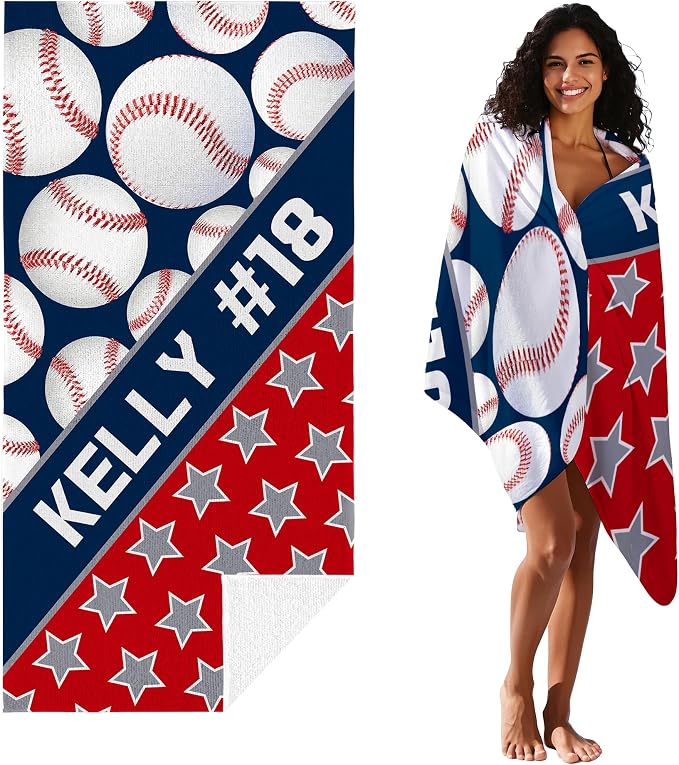Personalized Beach Towel With Name, Custom Beach Towel with Text, Customized Microfiber Pool Towel, Quick Dry & Absorbent Swim Towel for Adult,Anniversary, Birthday, Summer Holiday,Vacation,Baseball - Image 2