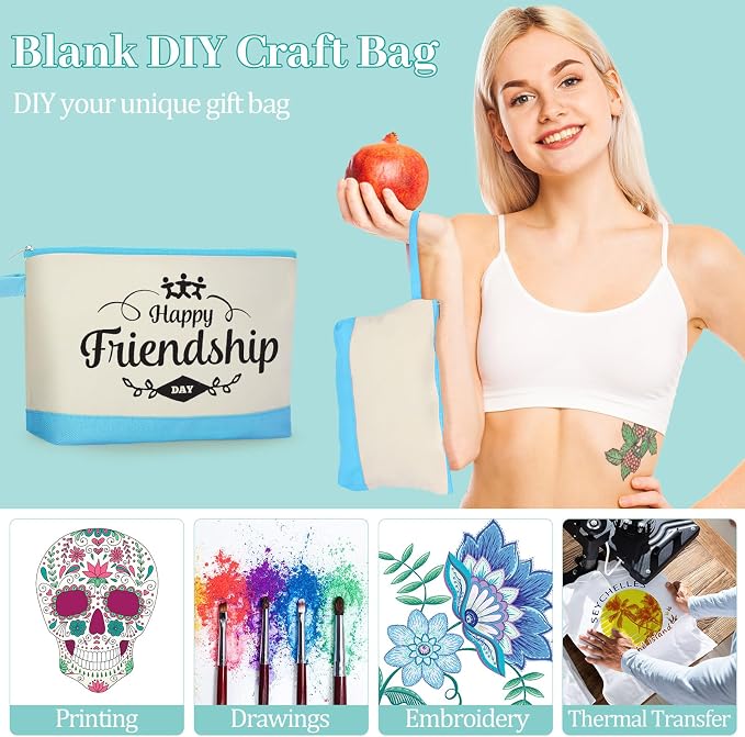 Silkfly 15 Pcs Cotton Canvas Makeup Bags Cosmetic Zipper Bags 10.2 x 5.5 x 2'' Blank DIY Pouch Bulk Pencil Case with Bottom Travel Toiletry Pouch for Women Craft Decor Gift (Novel Colors) - Image 7