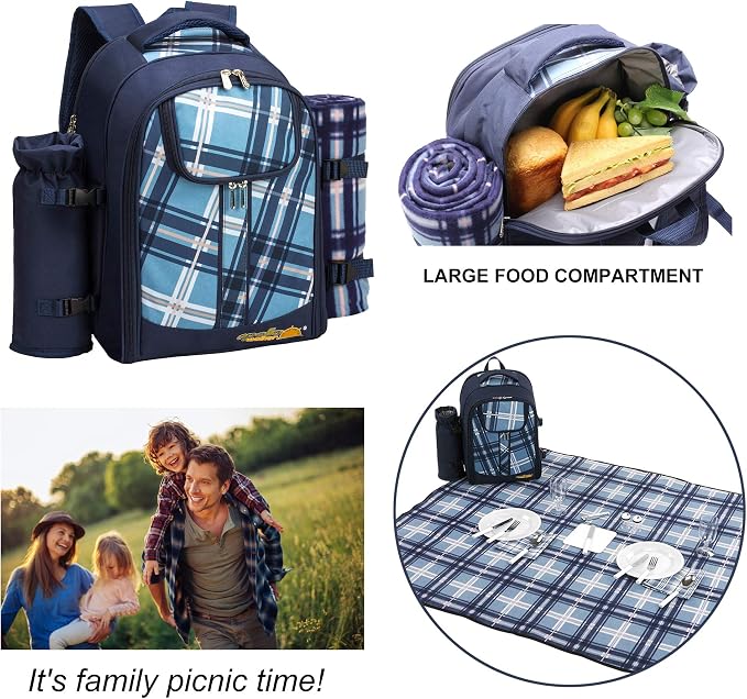 Apollo walker Picnic Backpack Set for 4 with Cooler Compartment,Detachable Bottle/Wine Holder Including Large Picnic Blanket(45"x 53") for Picnic Family and Lovers Gifts,Outdoor,BBQ Time (Blue) - Image 3