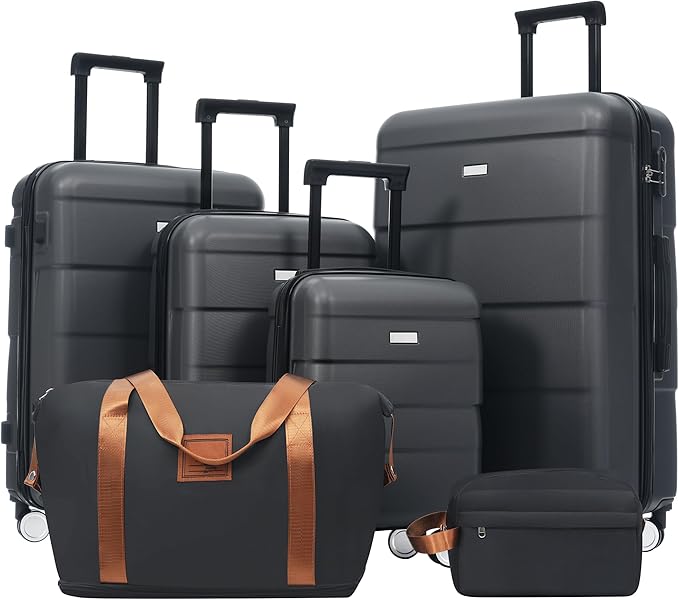 6 Pcs ABS Hardshell Luggage Sets Spinner Wheel Suitcase Lock Suitcases Charcoal by Merax