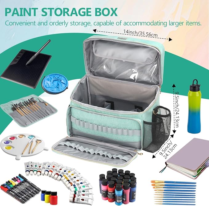 Art Supplies Organizer Storage Bag with Detachable Paint Brush Holder & Partition - Carrying Case for Home/Travel/Outdoor Fits Marks, Acrylic Paint, Palettes, Folding Buckets, Portfolios (Pro Green) - Image 5