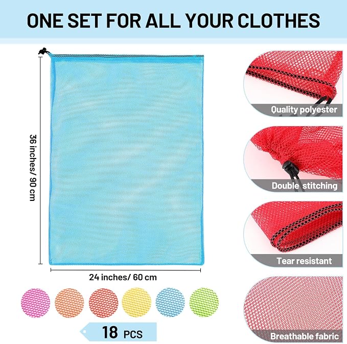 Berlune 18 Pcs 24" x 36" Large Mesh Laundry Bags Colorful Extra Large Laundry Bag Bulk with Drawstring Heavy Duty Mesh Machine Washable Drawstring Pouch - Image 2