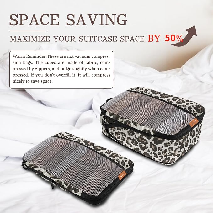 U+U 4 Set Compression Packing Cubes - Ultralight Travel Organizers, Space-Saving Suitcase Organizer, Expandable Packing Organizers for Travel Essentials (Leopard) - Image 3