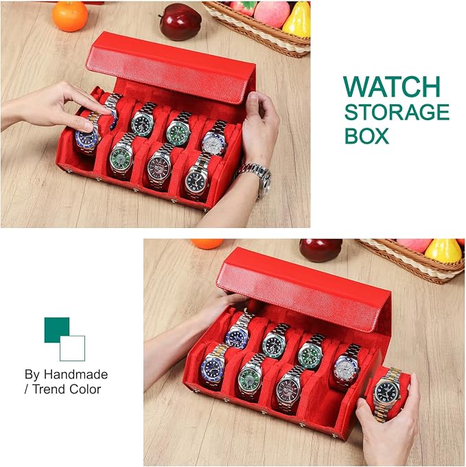 Hiram SaffianoLeather Hexagon Watch Roll Travel Case, Leather 8-Watches Roll Case with Removable Pillow Cushion for Treasured Watches and Bracelets-RED - Image 5
