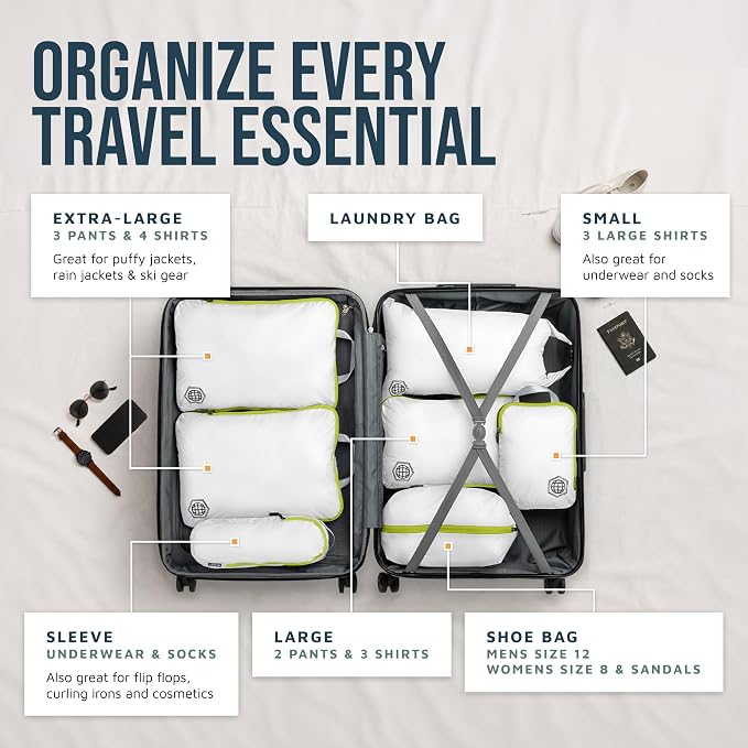 Large Compression Packing Cubes for Travel-Packing Cube Luggage Organizers 7 Piece Set for Checked Luggage-Ultralight, Expandable/Compression Bags by TRIPPED Travel Gear (White/Green) - Image 2