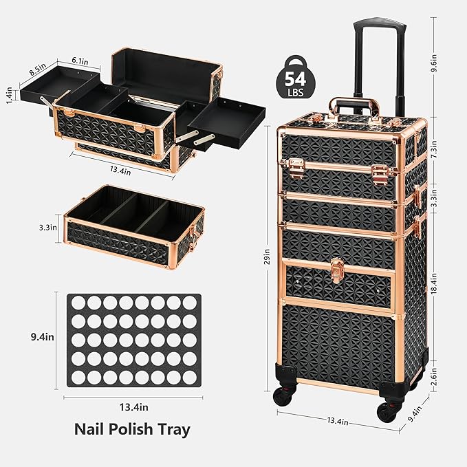 Makeup Train Case with Drawer, Rolling Makeup Case, Cosmetology Case on Wheels, Gift, Large Makeup Case Organizers, Professional for Salon Barber, Nail, Tattoo, Black Gold - Image 4
