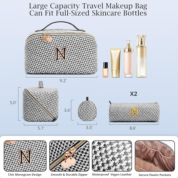 Personalized Gift Travel Makeup Bag: Initial Makeup Organizer Bag for Women | 3-in-1 Custom Make up Bag Set - Vegan Leather Travel Cosmetic Bag - Luxury Gift for Women – Birthday, Anniversary, Graduation - Image 6