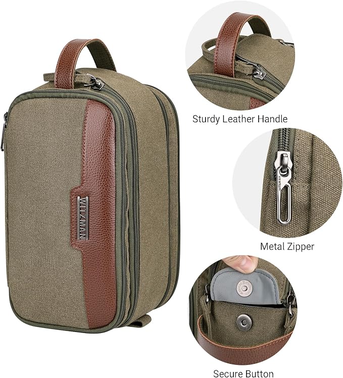 WITZMAN Canvas Toiletry Bag for Men Travel Toiletries Large 7L Dopp Kit | Multi-pockets with Dry-wet Pocket, Side Handle for Hanging, Lightweight, For Daily Use, Bathroom, Make up, A8002 Army Green - Image 7