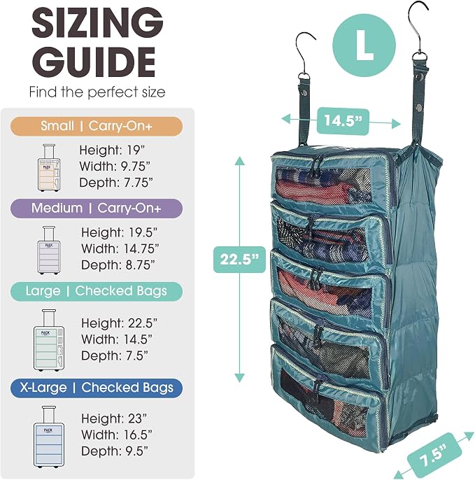 Pack Gear Hanging Suitcase Organizer - Our Large Hanging Luggage Organizer Fits Any Suitcase - Our Packing Cubes For Travel Uses Mesh Windows to Make it Easy to Find your Clothes (Green, L) - Image 4