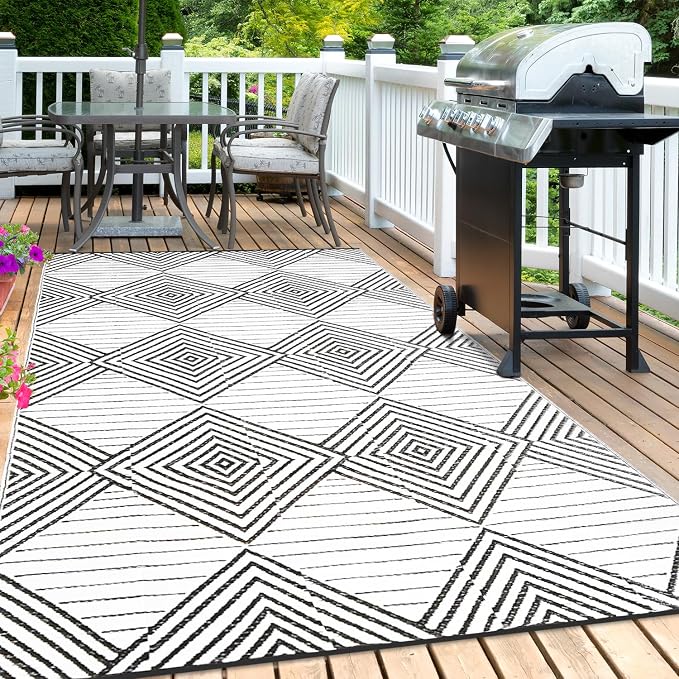 Waterproof Outdoor Rug 9x12ft, Foldable Reversible Plastic Straw Mat for Patio RV Deck Porch Backyard Balcony Camping Picnic Beach Indoor Outdoor Carpet, Black&White - Image 6